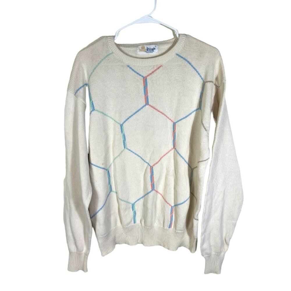 Pringle of Scotland Vintage Cream Cotton Seater Geometric Detail Size L